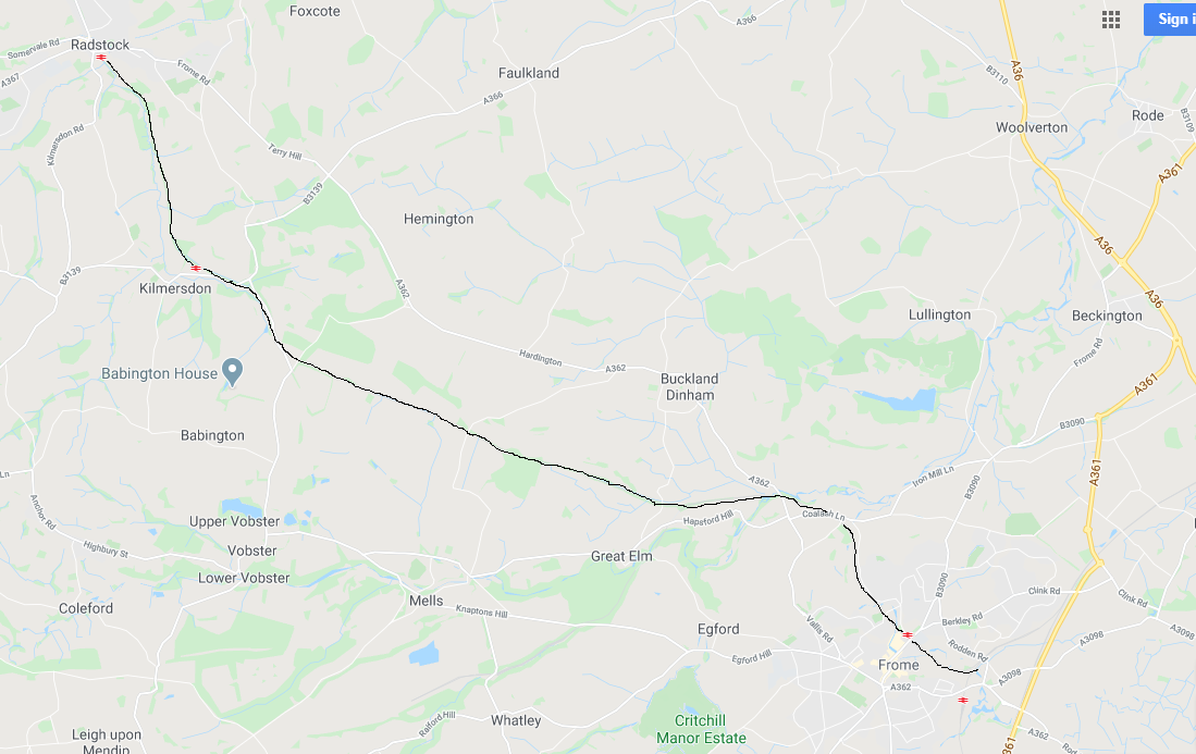 Map of route from Radstock to Frome